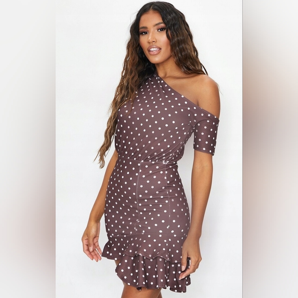 PRETTY LITTLE THING Chocolate Polka Dot One Shoulder Bodycon Dress - Size 8
